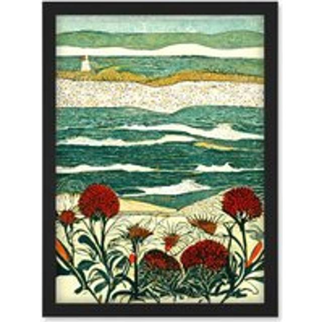 Floral Shoreline Coastal Landscape Summer Seaside Artwork Framed Wall Art Print A4 - Black - One Size