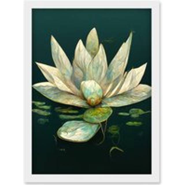 Modern Tranquil Pond Water Lily Flower Artwork Framed Wall Art Print A4 - White - One Size