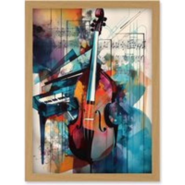 Violin and Piano Classical Music Note Melody Concerto Abstract Modern Watercolour Painting Artwork Framed Wall Art Print A4 - Tan - One Size