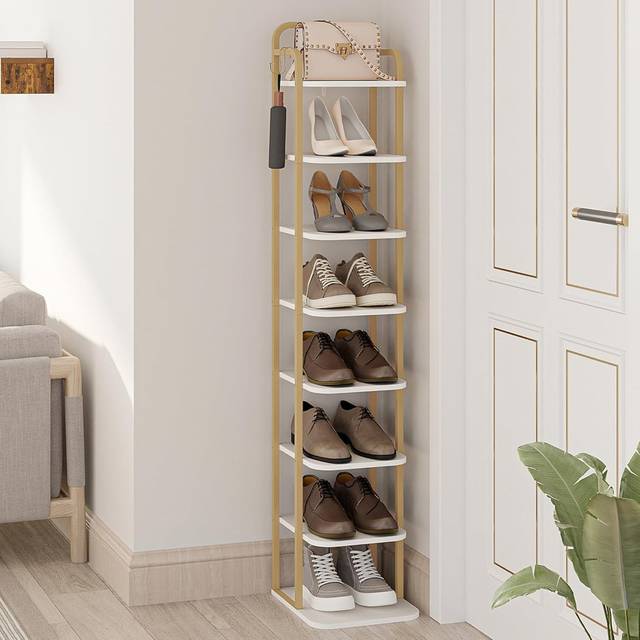 Vertical Shoe Rack, Shoe Shelves, Wood Shoe Organizer for Closet, Entryway, Shoe Tower for Small Spaces, Free Standing, Adjustable, with 2 Hooks, 8 Ti - Gold (8)
