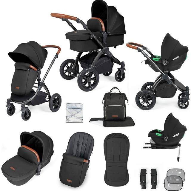Ickle Bubba Stomp Luxe 12 Piece Travel System with i-Size Cirrus Car Seat & ISOFIX Base - Black/Woodland/Tan + FREE Highchair!