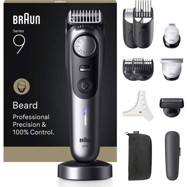 Braun Beard Trimmer Series 9, +12 Barbering Tools, 52 Lengths, ProBlade, BT9560, Chrome