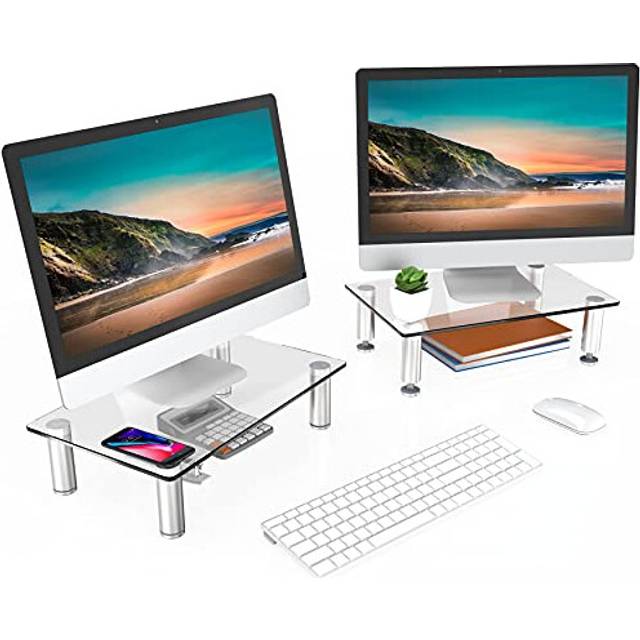 FITUEYES Dual Monitor Stand Glass Height Adjustable PC Laptop Computer Screen Riser, Desk Organzier, 2 Pack-38.5x24x7.5cm