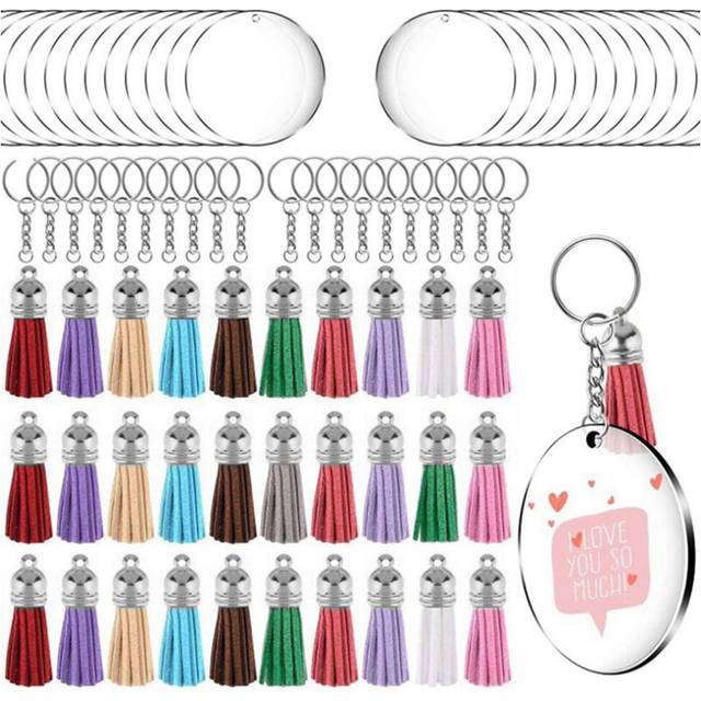 Acrylic Circle Keychain Blanks Clear Kit 120Pcs for Vinyl Project, Including Acrylic Disc Blanks, Tassels, Silver