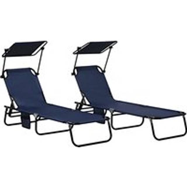 Outsunny 2 Piece Folding Sun Loungers with Canopy, Adjustable Recliner Garden Chairs with Side Pockets and Breathable Mesh for Beach, Garden
