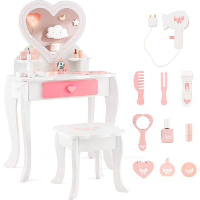 Kids Vanity Set Pretend Makeup Table & Chair Set With Heart-shaped Mirror