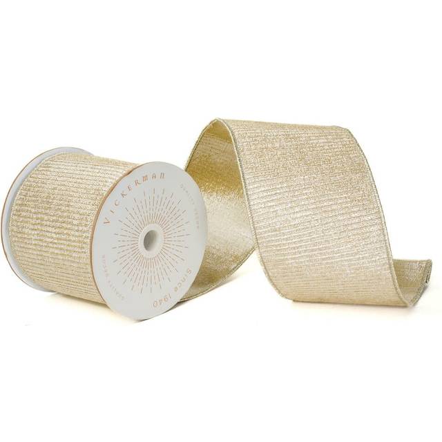 Vickerman QK240115 4 in. x 10 Yards Champagne Metallic Pleated Strip Wired Ribbon