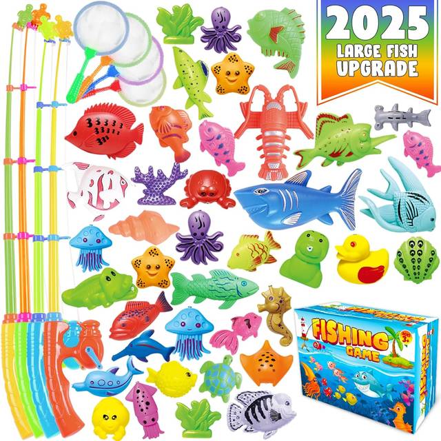 CozyBomB Magnetic Fishing Toys Game Set for Kids for Bath Time Pool Party with Pole Rod Net, Plastic Floating Fish - Toddler Education Teaching and