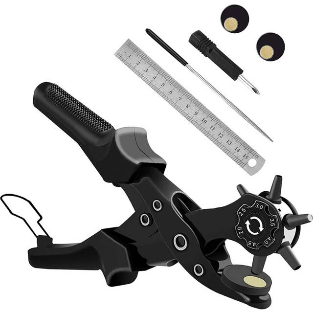 Leather Punch Pliers [Upgraded], Leather Hole Punch with Dial Hole Size, Professional Belt Punch with Grinding Shank (Black)