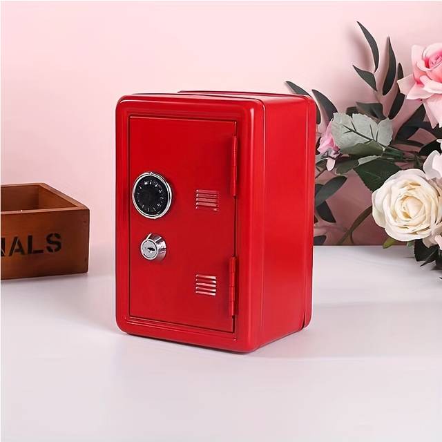 (Red) Metal Mini Safe, Creative Lockable Change Deposit Box, Key Storage Box