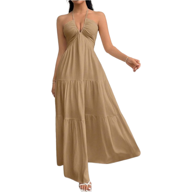 Firerie Women&#39;s Romantic Floral Printed Beach Vacation Halter V-Neck Pleated Backless A-Line Dress For Summer Hawaii