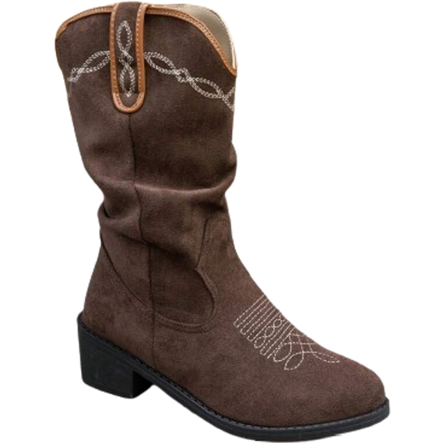 Cuccoo Women&#39;s Fashion Brown Fabric Elastic Pointed Toe Chunky Heel Mid-Calf Boots, Suitable For Commute, Dating, Party, Holiday, Festival For And Vibe And S
