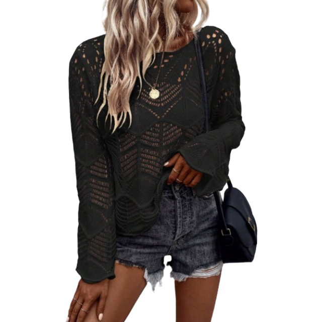SHEIN Solid Pointelle Knit Drop Shoulder Sweater,Long Sleeve Tops