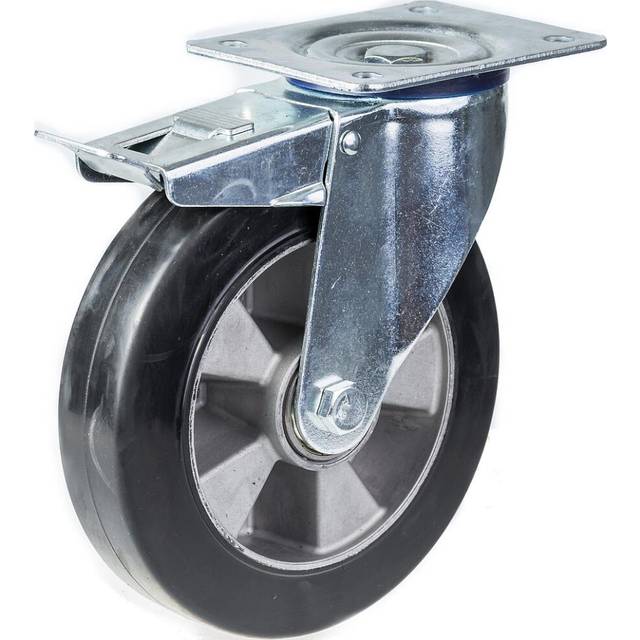 152mm swivel/brake castor with black elastic rubber on aluminium centre wheel