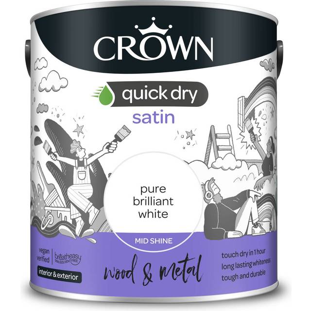 Crown Quick Dry Wood & Metal Pure Brilliant White Satin Paint 2.5L