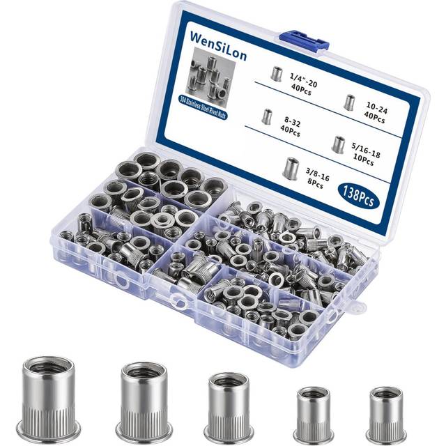 Wensilon Rivet Nut kit 1/4-20UNC 8-32UNC 10-24UNC 3/8-16UNC 5/16-18UNC 138Pcs Stainless Steel 304 Finish Flat Head Rivnut Threaded Insert Nut Knurled