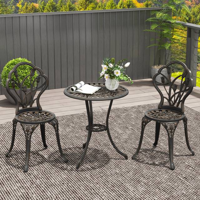 Outsunny 3 Piece Bistro Set, Aluminium Garden Furniture with Umbrella Hole, Brown