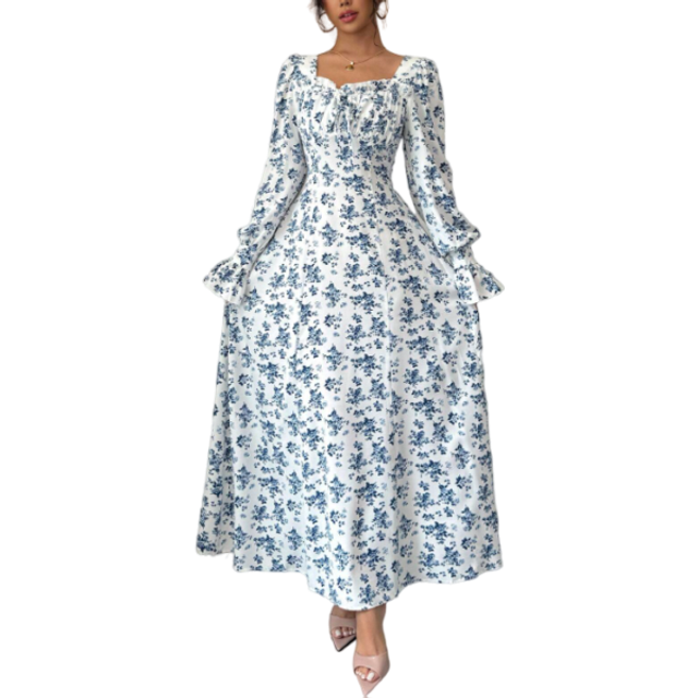 Airlisse Elegant Floral Print Square Neck Dress With Ruffle Trim, Ruffle Sleeve, Pearl Button Decor, Suitable For Spring & Autumn Maxi Women Outfit