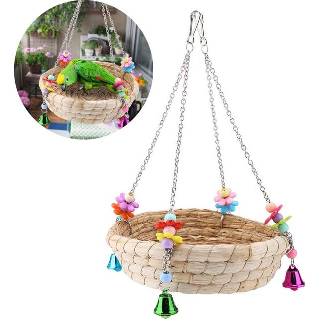Bird'S Nest Bed Grass Nest Natural Hand Woven Grass Nest Bed Swing Toy With 4 Metal Bells Parrot Parrot Parrot Cage Toy