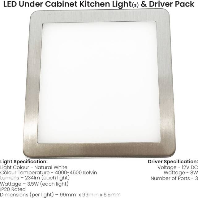 (2 Lights & Driver) BRUSHED NICKEL Slim Square Under Cabinet Light & Driver - Natural White LED