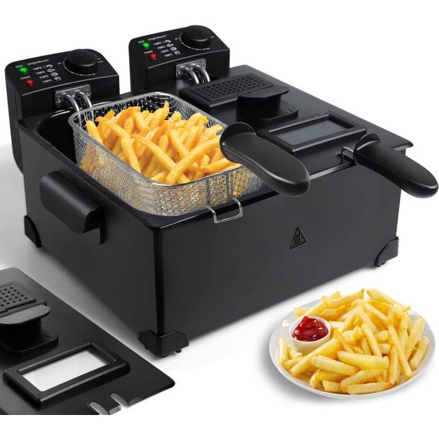 Aigostar Deep Fat Fryer with Dual Tanks, Large Deep Fryers with Viewing Window, 6 Litres, 2 Chip Baskets and Lids, Adjustable Temperature Control,