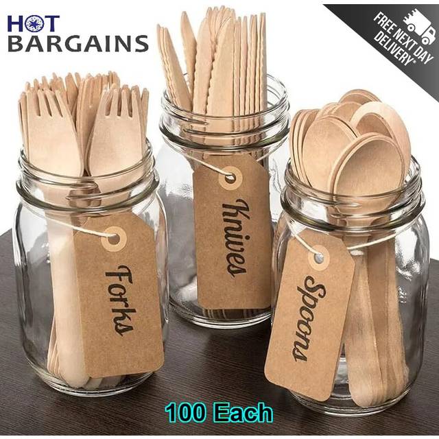300 X Disposable Wooden Cutlery set Strong Biodegradable Forks, Spoons And Knives (100 Each)