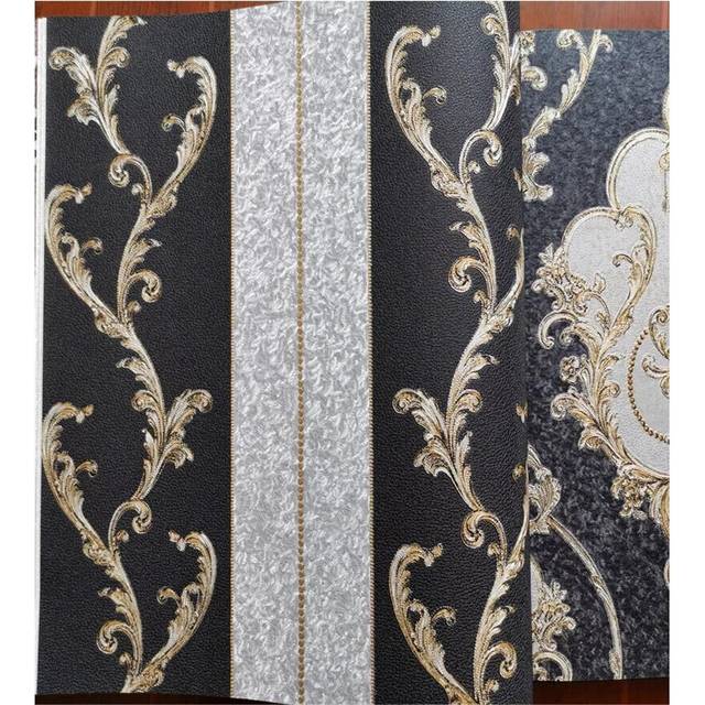 (B Stripe Black) 10M Elegant Gold Damask Waterproof Wallpaper Murals Embossed Textured PVC Roll