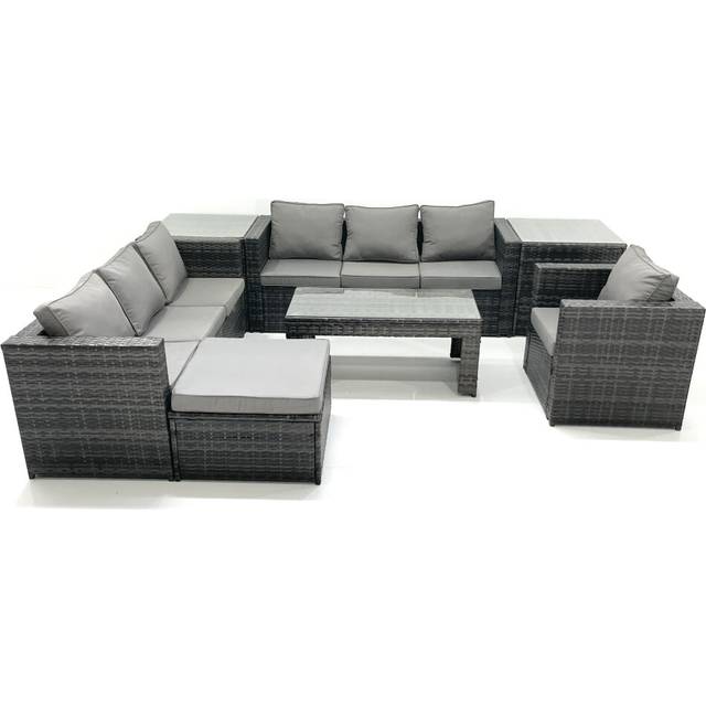 Fimous Rattan Garden Furniture Set Outdoor 8 Seater Patio Conversation Sets with Glass Top Coffee Table 2 Side Tables