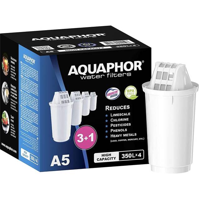 AQUAPHOR Filterpatron A5 Pack 3+1 I Filtrerar kalk och klor samt tungmetaller och andra ämnen I 350 l klart vatten I Med AquALEN Technology I För bättre mat & dryck I Skonsam köksutrustning
