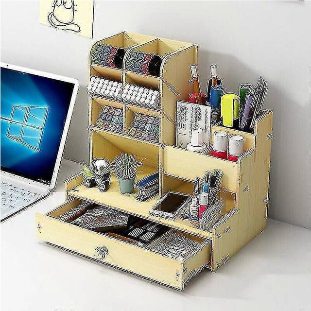 (White maple, One size) Diy Wooden Assembled Desk Table Organizer Office Pen Rack Wood Gift Pen Holder