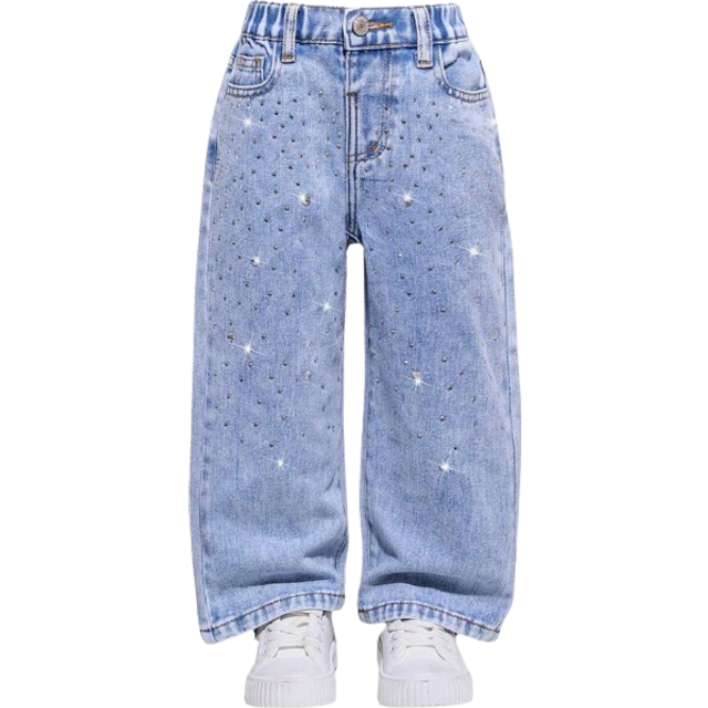 SHEIN Young Girl Street Preppy Casual Chic Heart Crystal Embellished Elastic Waist Straight Leg Jeans - Girls Essential Daily Fashion Outfit