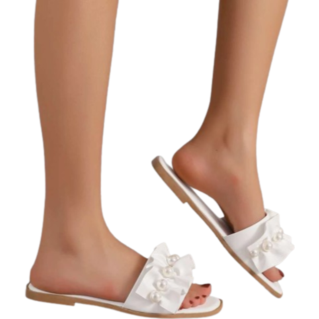 Damrem Faux Pearl Decor Mesh Beach Casual Flat Sandaler - Vitt (CN35,CN36,CN37,CN38,CN39,CN40,CN41,CN42,CN43)
