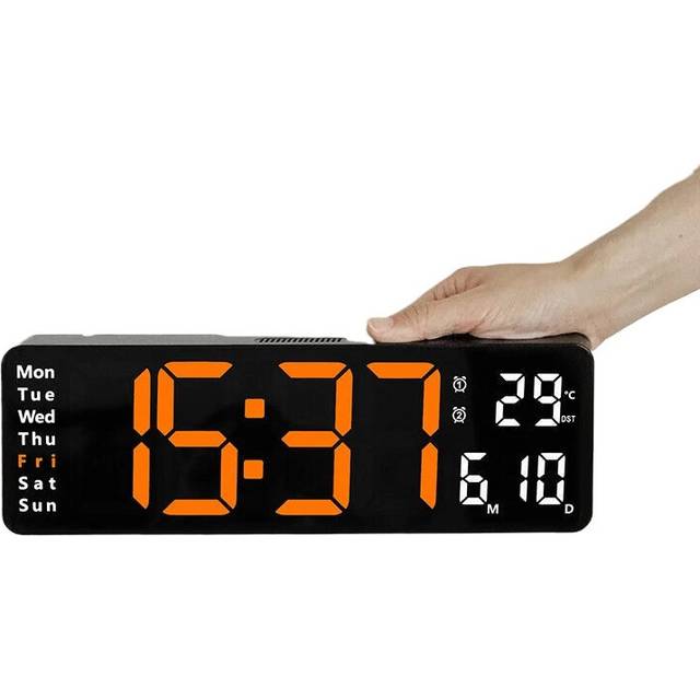 (Orange) 13-Inch LED Digital Wall Clock with Remote, Auto Brightness, Temperature, Date, Week Display - Ideal for Home, Office, Classroom