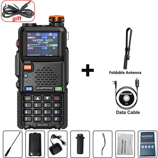 (TX-Cable) UV-5RH PRO Walkie Talkie GPS Six Band AM FM Wirless Copy Frequency 640CH Type-C Fallback Alarm Long