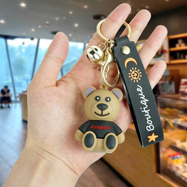 (Black) Cute Rubber Teddy Bear Key Chain Trio Fun Cartoon Design For Backpacks And Key Rings