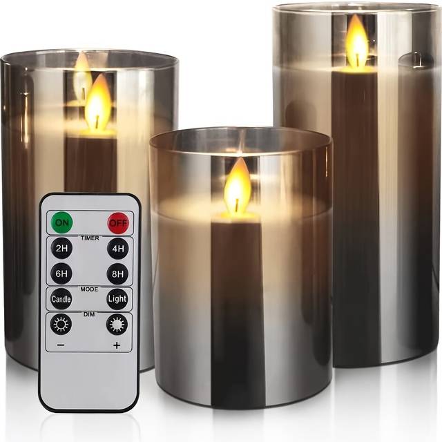 (3pcs/Pack) Flameless Candles with Remote Control Timer - Realistic Flickering Pillar Candles Set in Gray Glass Effec