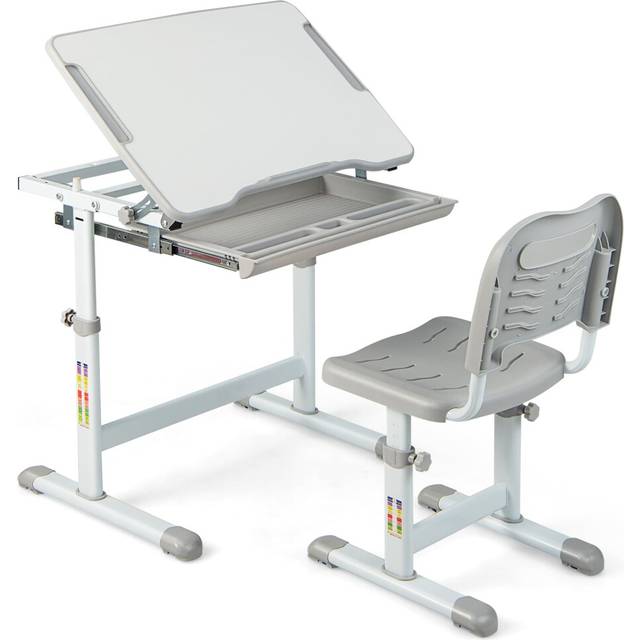 Height Adjustable Kids Study Table and Chair Set with Tilting Tabletop-Grey