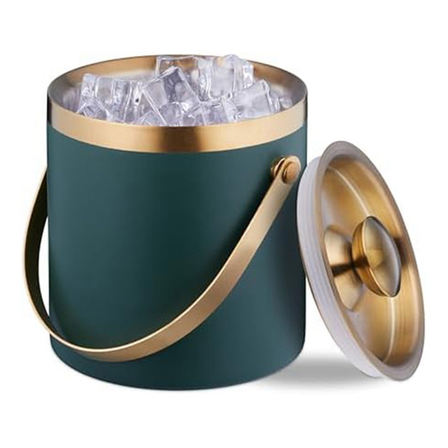 Ice Bucket,Stainless Steel,Double-Walled,With Lid&Handle,Green & Gold