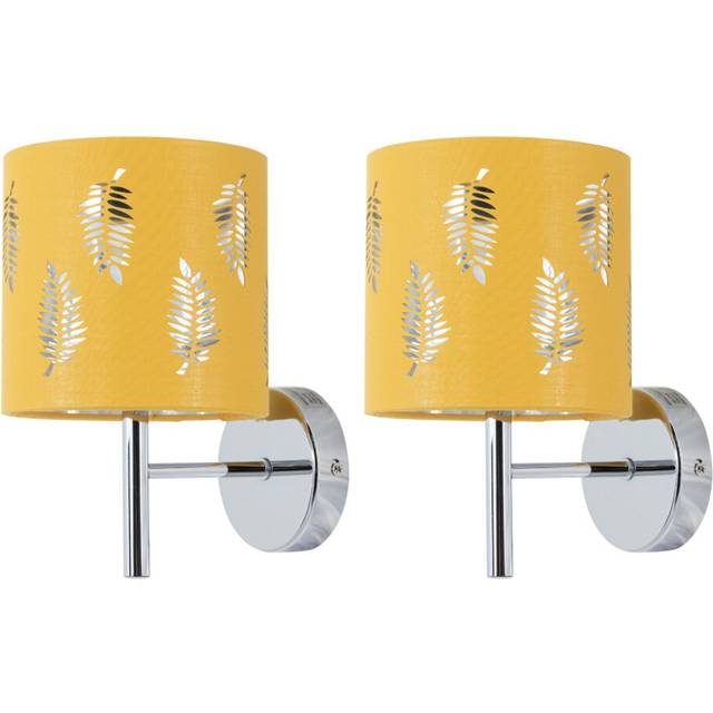 Set of 2 modern chrome wall lights with ochre fern shades