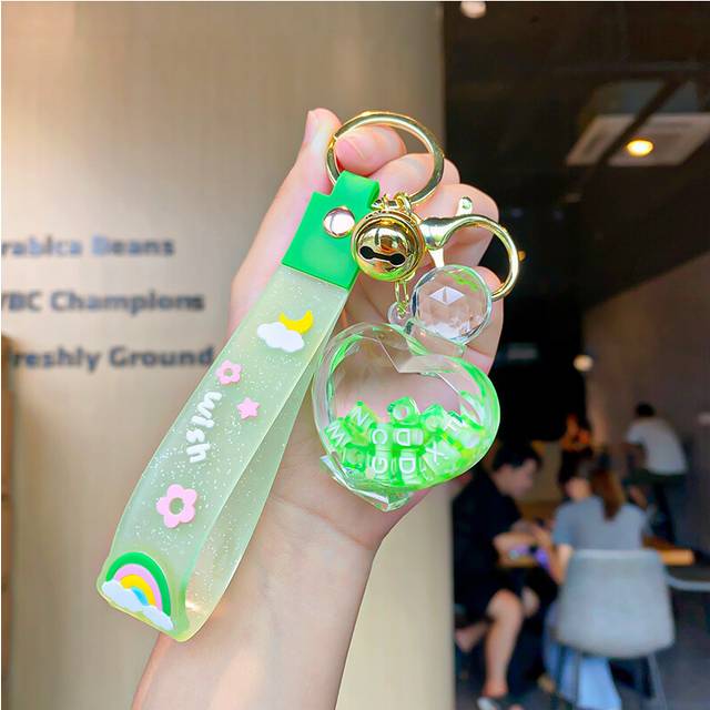 (Green) Acrylic Lovely Perfume Bottle Keychain With Floating Sand For Birthdays