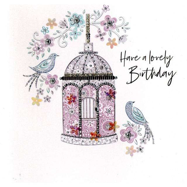 Hand-Finished Bird Cage Birthday Greeting Card Pearl Embellished Luxury Cards