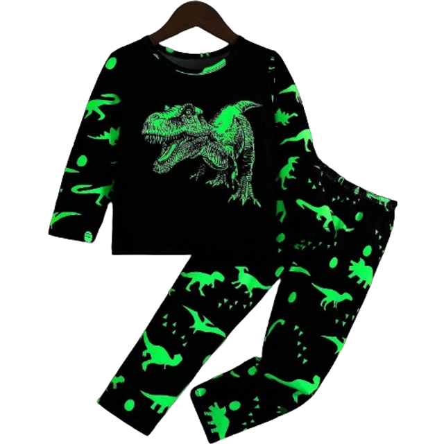 SHEIN Young Boy Cartoon Dinosaur Print Glow-In-The-Dark Long Sleeve Top And Pants Home Outfit Set For Autumn (Glows Under Ultraviolet Light)