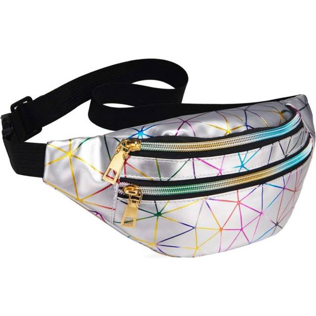 Women Waterproof Holographic Waist Bag and Wallet Shiny with Adjustable Waist Belt Diamond Lattice Pattern for Party Festival Travel Silver