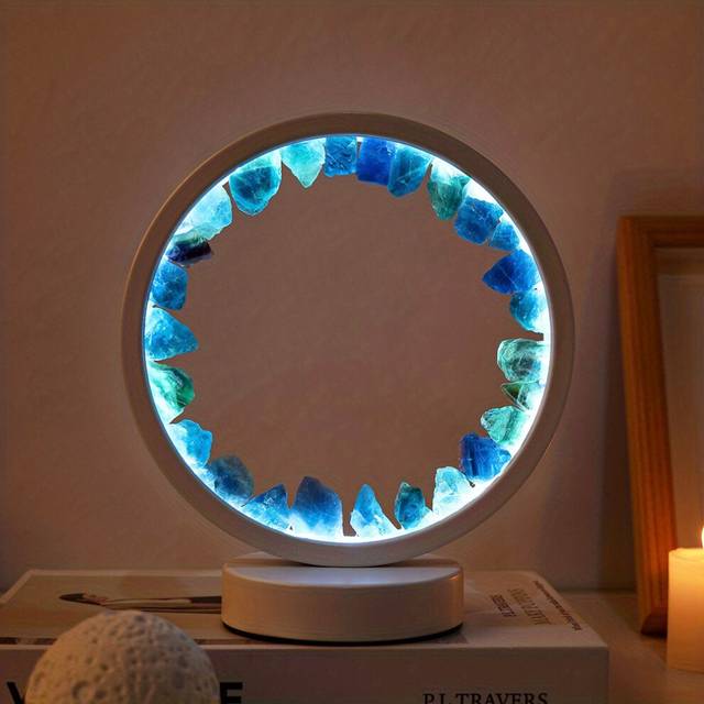 (Blue Fluorite?cold?) Rechargeable LED Bedside Lamp Natural Quartz Amethyst Cluster Night Lamp Bedroom Desk Circular Circle Decorative Lights