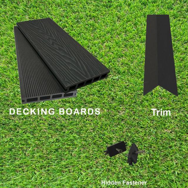 (Onyx Black, 18 Square Metres) Per SQM Composite WPC Decking Boards Embossed Woodgrain Plastic kit incl - 2.2 meter long boards