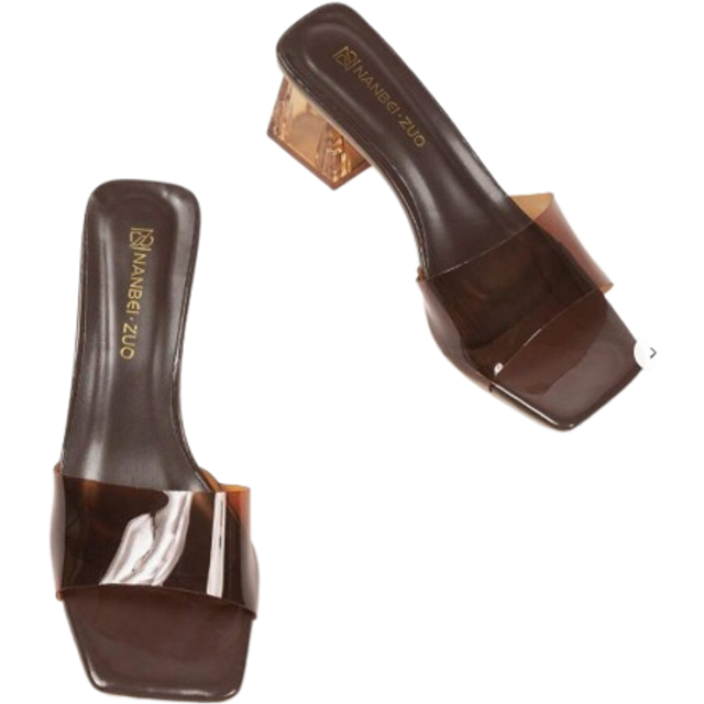 SHEIN Women&#39;s Brown Transparent Cross Strappy Sandals With Asymmetric Heel, Coffee Brown, Comfortable For Wedding And Proms, Open Toe Sexy Party Style, New
