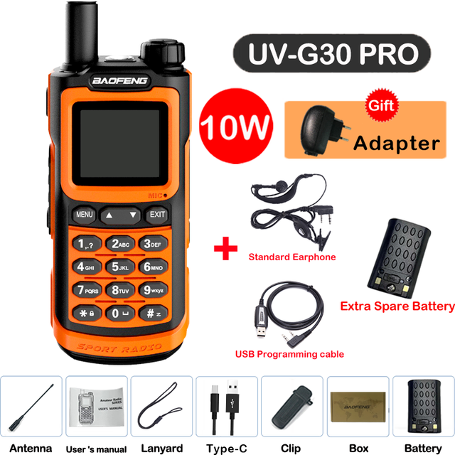 (G30-Orange-Kit 10) UV-G30 Pro Walkie Talkie Long Range Portable 1000 Channel Ham FM Radios UHF VHF USB-C Charge 2-Way Radio