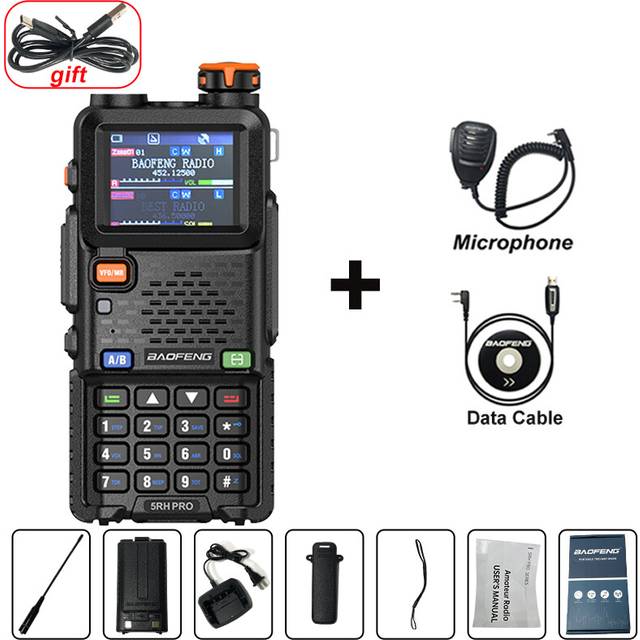 (Mic-Cable) UV-5RH PRO Walkie Talkie GPS Six Band AM FM Wirless Copy Frequency 640CH Type-C Fallback Alarm Long