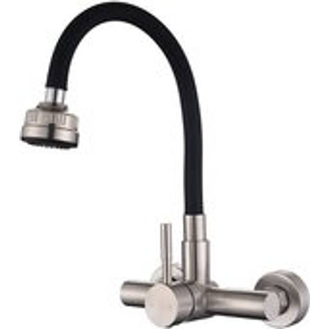 360° Wall Mounted Kitchen Faucet with Four Function Sprayer, with Black Silicone Hose, Brushed Stainless Steel
