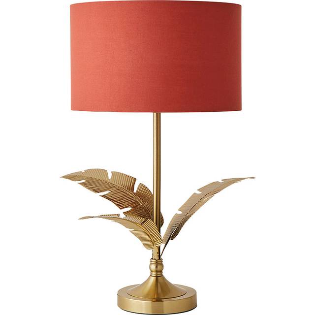 Aliaskar Rust Red Drum Shade Gold Palm Leaf Detail Single Stem Table Lamp - Orange (47.5cm H X 29cm W X 29cm D)